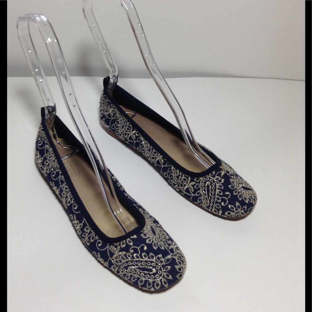 Talbots Navy Blue Gold Embroidered print Shoes Sz6